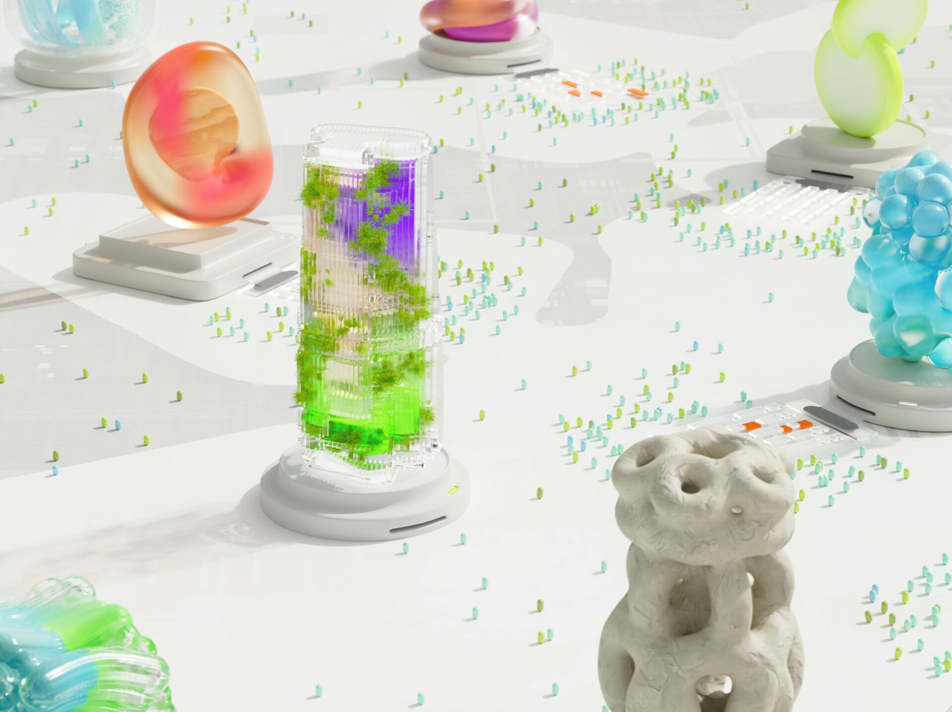 Vibrant futuristic 3D render featuring abstract shapes and AI themes.